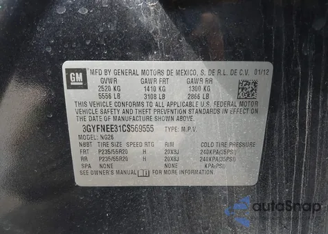 2012 Cadillac Srx Performance Collection z USA, uszkodzony, nr VIN 3GYFNEE31CS569555